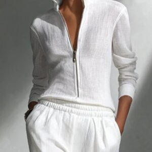 Cotton And Linen Casual Plain Zipper Stand Collar Blouse