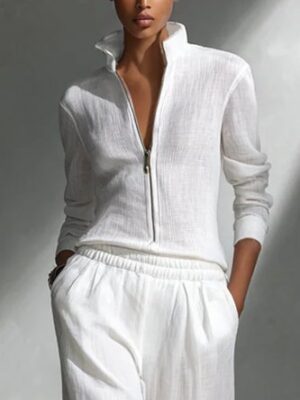 stylewe Cotton And Linen Casual Plain Zipper Stand Collar Blouse Cotton And Linen Casual Plain Zipper Stand Collar Blouse