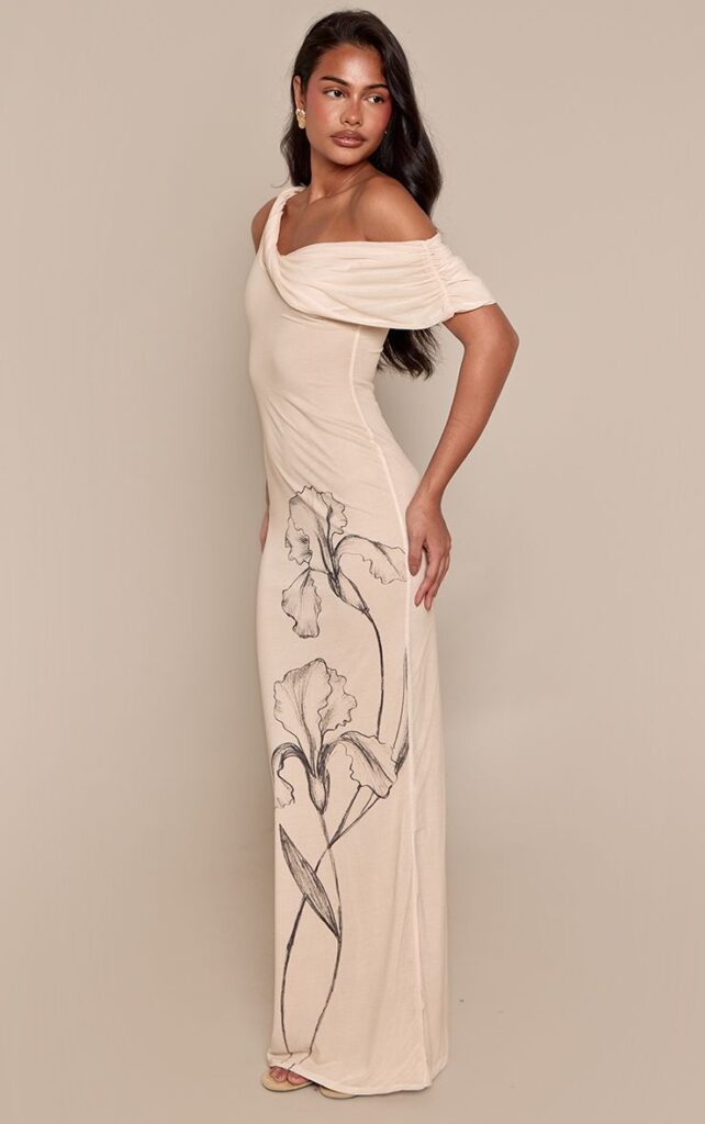 PrettyLittleThing Cream Floral Print Drape Asymmetric Maxi Dress Cream Floral Print Drape Asymmetric Maxi Dress