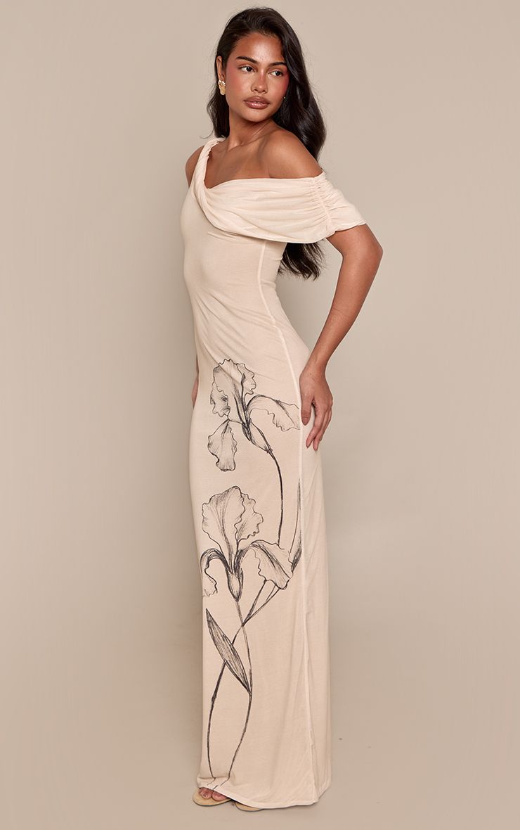 PrettyLittleThing Cream Floral Print Drape Asymmetric Maxi Dress