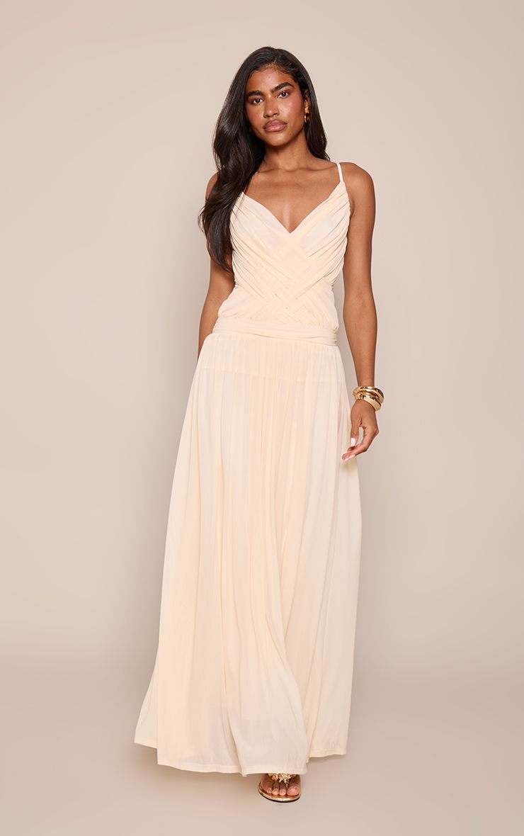 PrettyLittleThing Cream Mesh Cross Over Strappy Maxi Dress