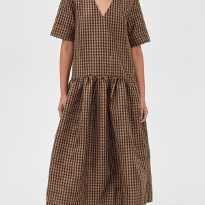 GANNI Crinkled Taffeta Check Long Dress
