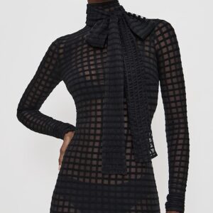 LaQuan Smith Cross Grain Dress with Pussybow Detail