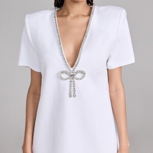 AREA Crystal Bow V Neck T-Shirt Dress