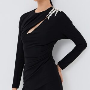 AREA Crystal Cluster Draped Long Sleeve Mini Dress