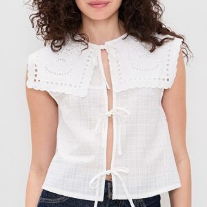 Another Girl Cutwork Collar Tie Front Blouse
