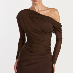 Showpo Cyra Mini Dress - Long Sleeve Drape Overlay Dress in Chocolate