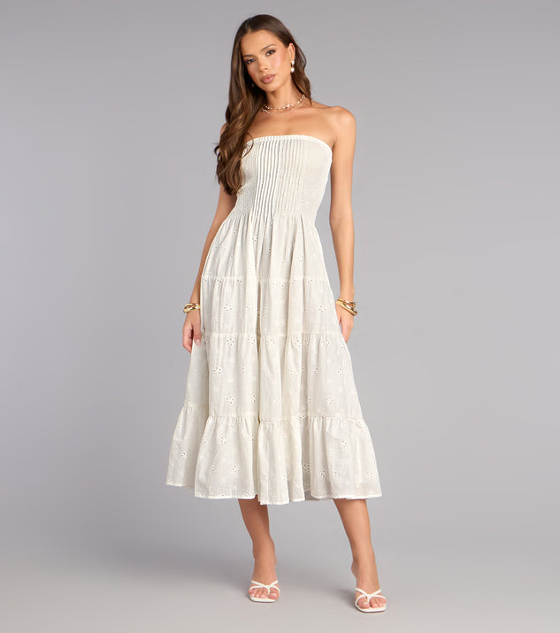 Windsor Daytime Vibe Floral Eyelet Strapless Midi Dress