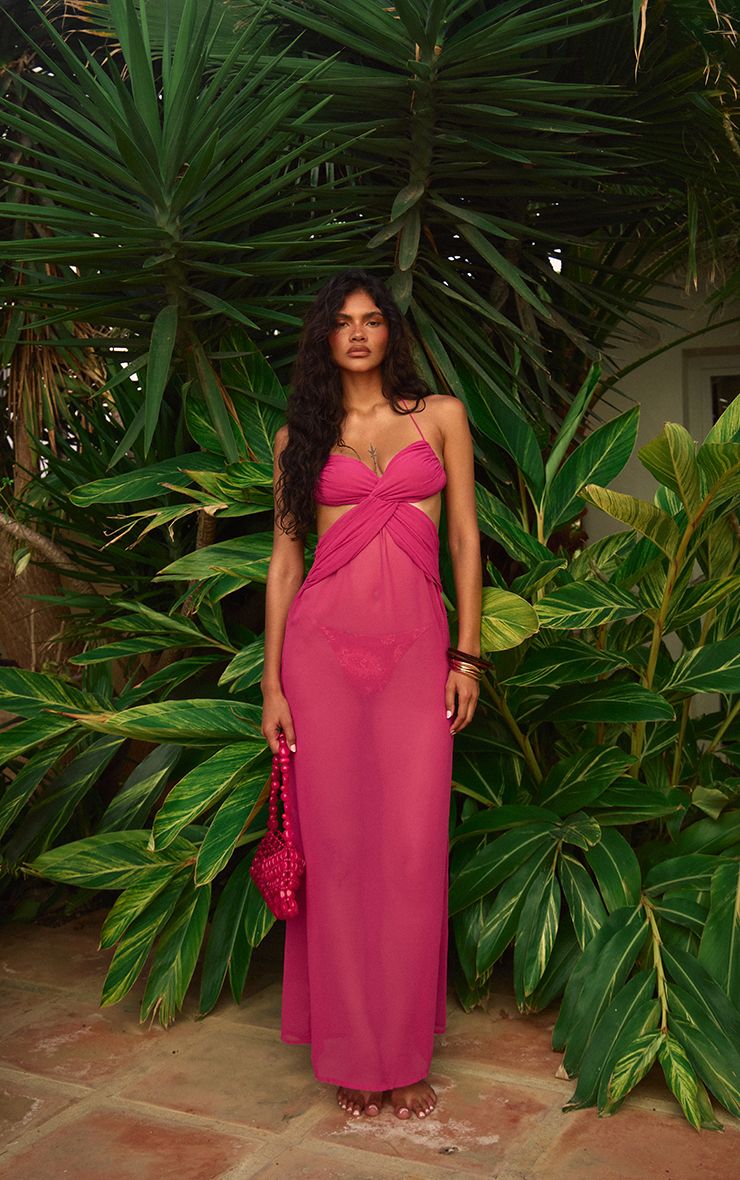 PrettyLittleThing Deep Fuchsia Chiffon Strappy Cut Out Maxi Dress