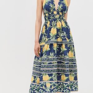 FARM Rio Delicate Pineapple Navy Blue Midi Dress Delicate Pineapple Navy Blue Midi Dress