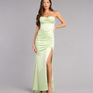 Windsor Delilah Satin Corset Slit Formal Dress Delilah Satin Corset Slit Formal Dress