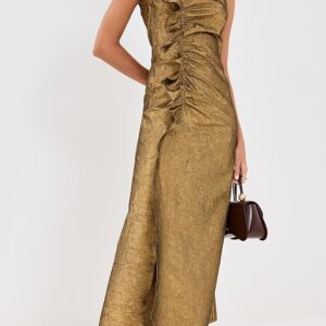 Demetria Sleeveless Ruched Front Midi Dress