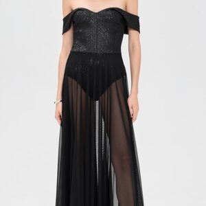 Norma Kamali Double Drop Shoulder Combo Flared Gown