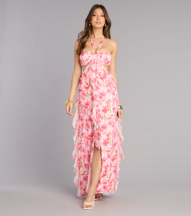 Windsor Double Take Floral Chiffon Ruffle Maxi Dress