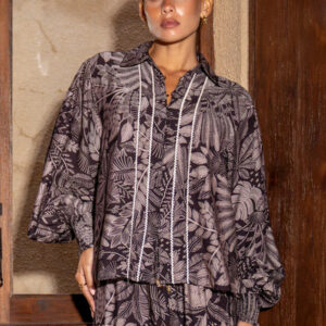 Dusk Brown Mauve Tropical Balloon Sleeve Blouse