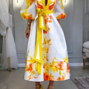stylewe Elegant Floral Balloon Sleeve Printing Stand Collar Midi Dress With Belt Elegant Floral Balloon Sleeve Printing Stand Collar Midi Dress With Belt