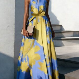 stylewe Elegant Floral Printing Stand Collar Party Maxi Dress With Belt Elegant Floral Printing Stand Collar Party Maxi Dress With Belt
