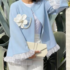 stylewe Elegant Split Joint Color Block Crew Neck Jacket With Brooch Elegant Split Joint Color Block Crew Neck Jacket With Brooch