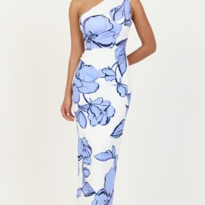 Showpo Elke Midi Dress - One Shoulder Fitted Dress in Blue Bouquet Di Fiori Print