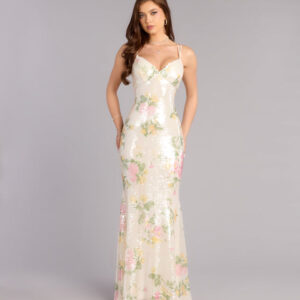 Elora Floral Sequin Lace-Up Mermaid Dress
