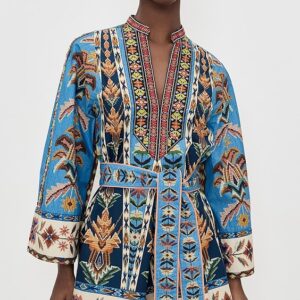 Embroidered Tapestry Blue Mini Dress