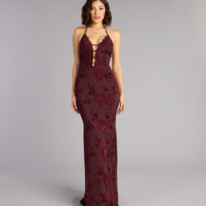 Windsor Erin Flocked Velvet Lace-Up Mermaid Formal Dress Erin Flocked Velvet Lace-Up Mermaid Formal Dress