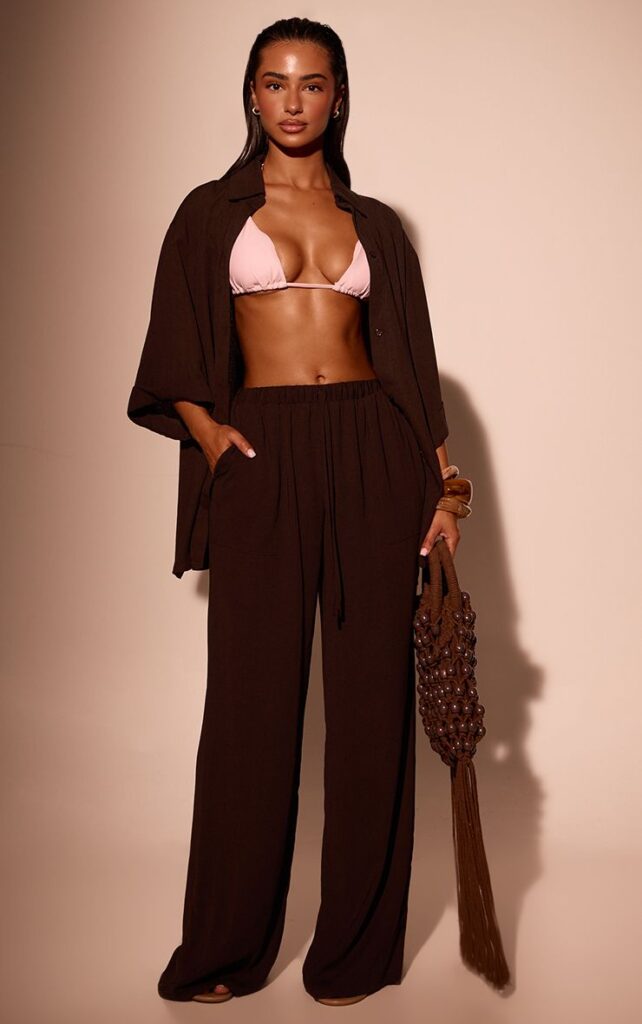 PrettyLittleThing Espresso Linen Look Drawstring Beach Trousers Espresso Linen Look Drawstring Beach Trousers