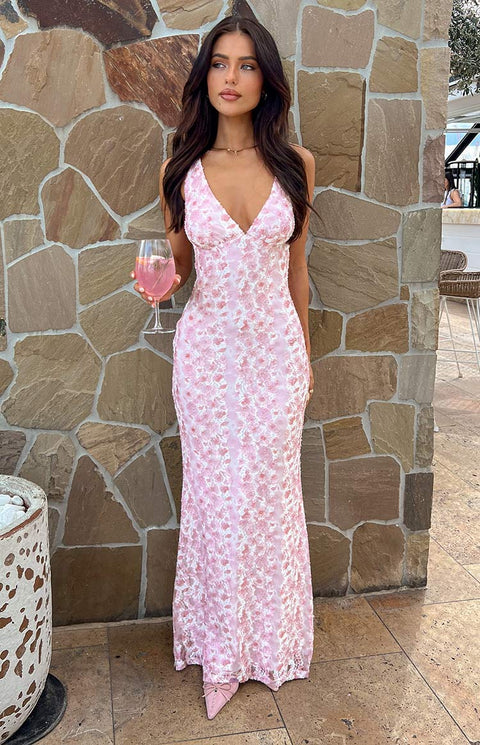 BB Exclusive Farida Pink Lace Maxi Dress