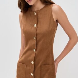 endless rose Faux Suede Round Neck Buttoned Mini Dress