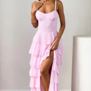 BB Exclusive Felicity Pink Pearl Strap Ruffle Maxi Dress