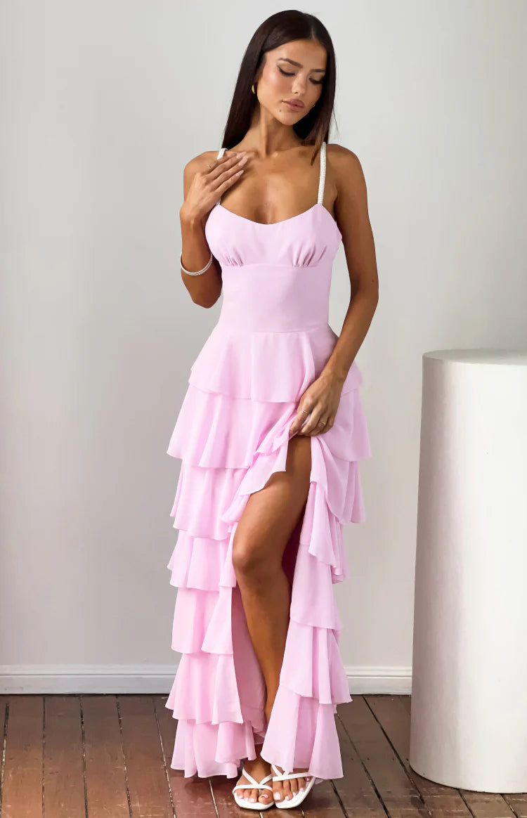 BB Exclusive Felicity Pink Pearl Strap Ruffle Maxi Dress