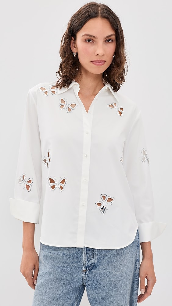 ALICE + OLIVIA Finely Embellished Cutout Button Down Shirt