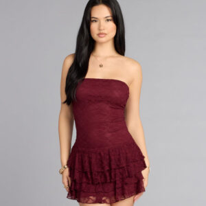 Flirt First Strapless Lace Tiered Mini Dress
