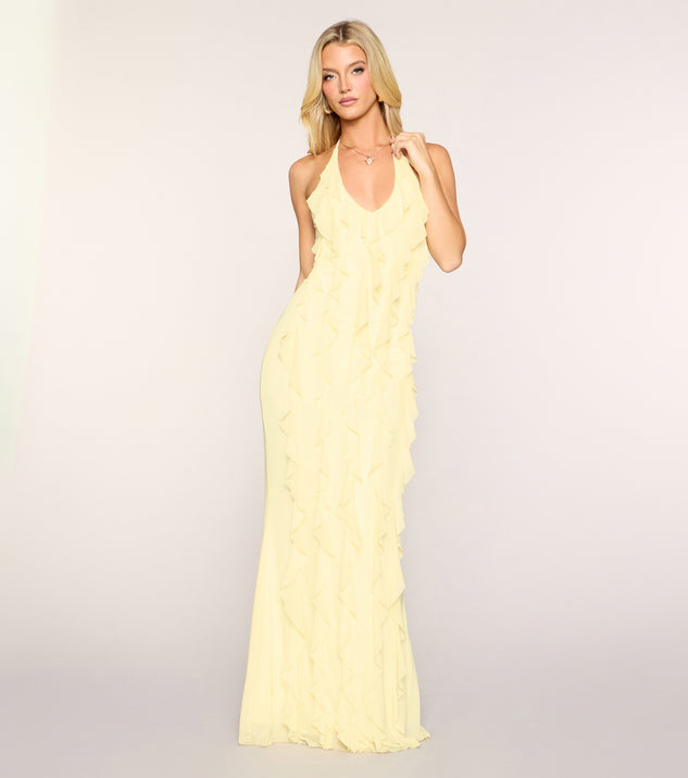Windsor Flirty Drama Halter Ruffle Maxi Dress