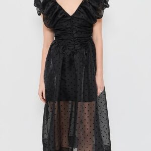 GANNI Flocked Organza Long Ruched Dress