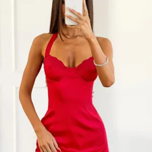 Florenta Red Satin Halter Mini Dress