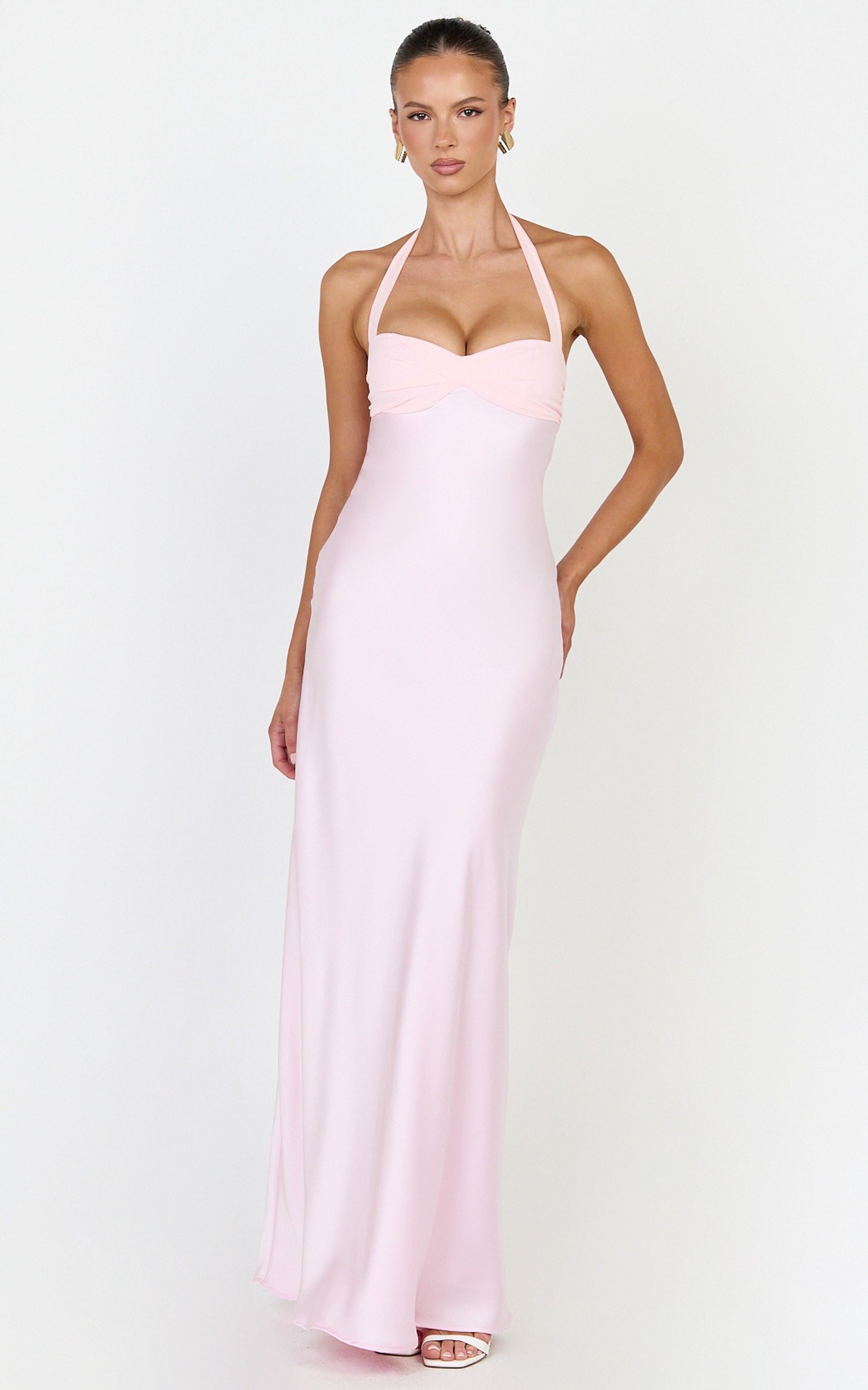 Showpo Flynn Maxi Dress - Satin Halter Sweetheart Neck Dress in Pink