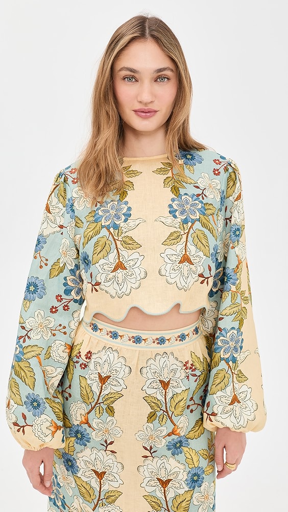 FARM Rio Garden Scarf Blue Long Sleeve Blouse