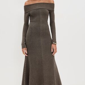 LE BOP Gingham Knit Off Shoulder Dress