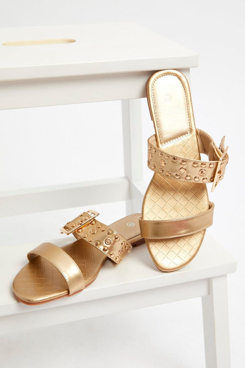 ALLY CHINA Gold Buckle Detail Flat Slides