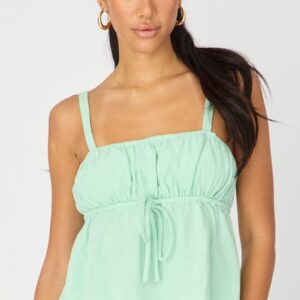 Green Cami Top Sleeveless Front Tie Babydoll Linen Blend
