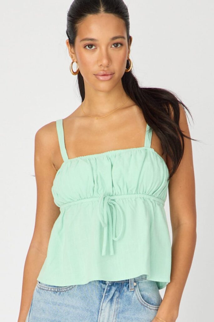 Ally Fashion Green Cami Top Sleeveless Front Tie Babydoll Linen Blend Green Cami Top Sleeveless Front Tie Babydoll Linen Blend