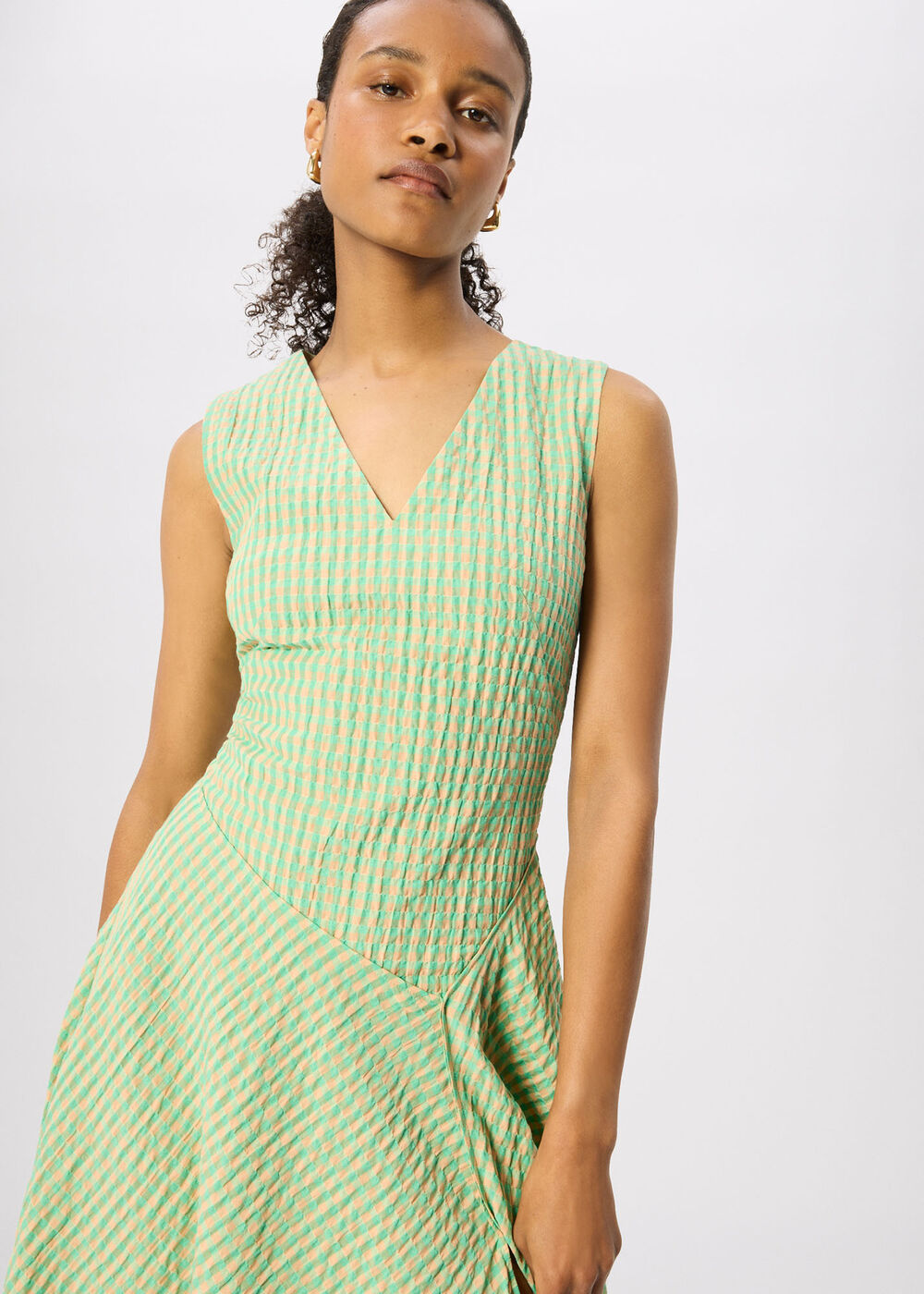 Green Check V Neck Asymmetric Dress - Image 2