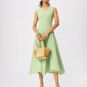 Green Check V Neck Asymmetric Dress