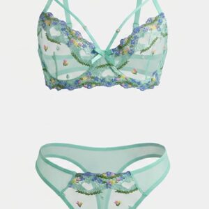 Green Embroidery Lingerie Set