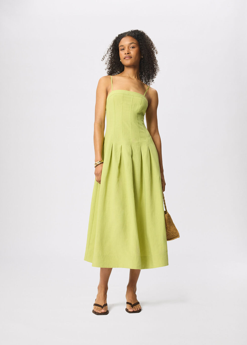 Green Linen Blend Waisted Midi Dress - Image 3