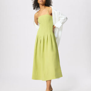 Green Linen Blend Waisted Midi Dress Green Linen Blend Waisted Midi Dress