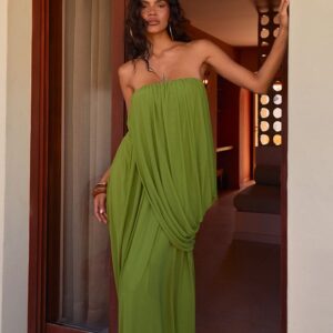 Green Mesh Drape Bandeau Maxi Dress