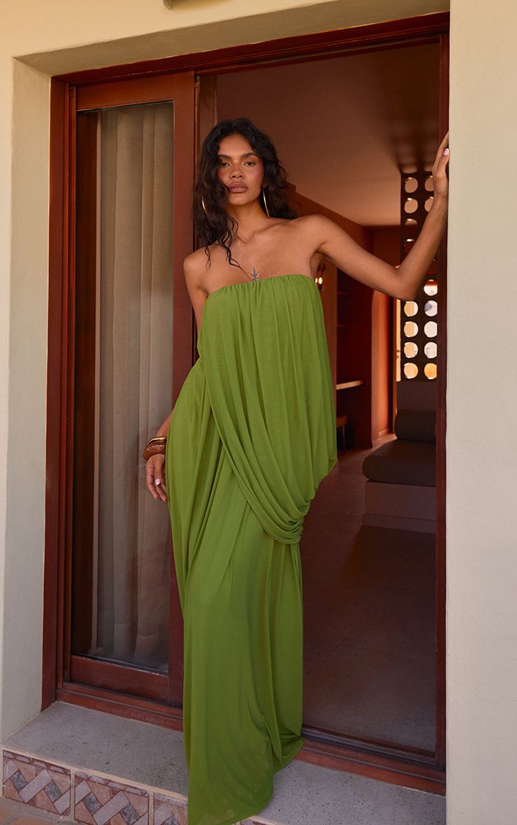 PrettyLittleThing Green Mesh Drape Bandeau Maxi Dress