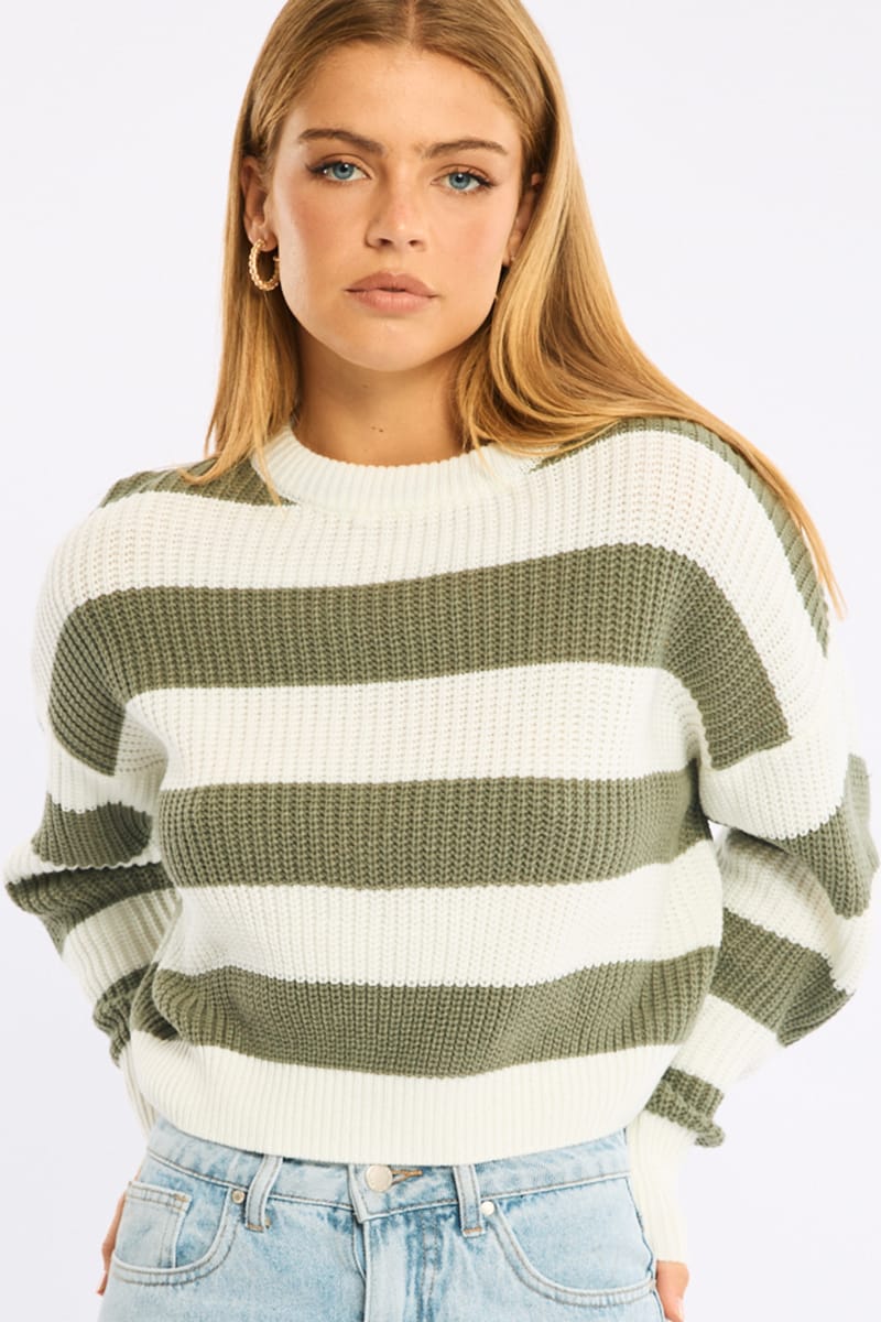 Ally Fashion Green Stripe Knit Top Long Sleeve Color Block